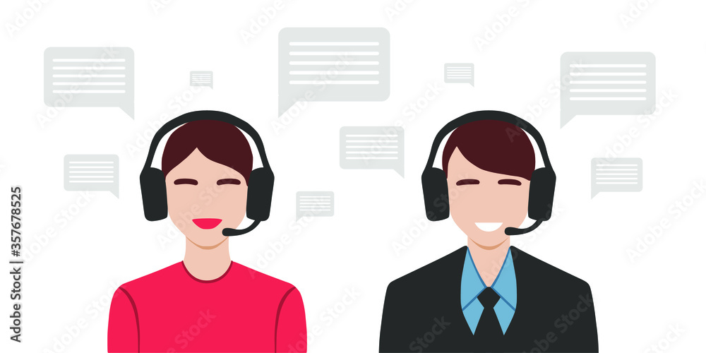 Fototapeta premium Video call conference. Call centre, customer service, communication online. Vector.