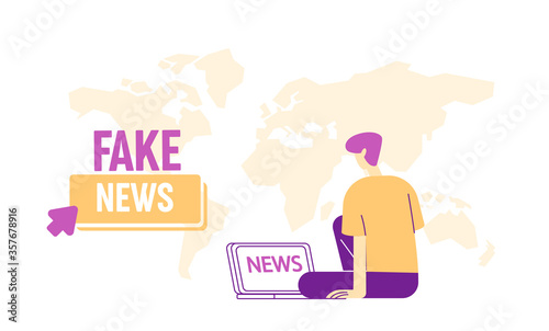 Fake News Concept. Male Character with Laptop Sit on World Map Background Reading Social Media Information in Internet. User Watching Breaking News Online Broadcasting. Linear Vector Illustration