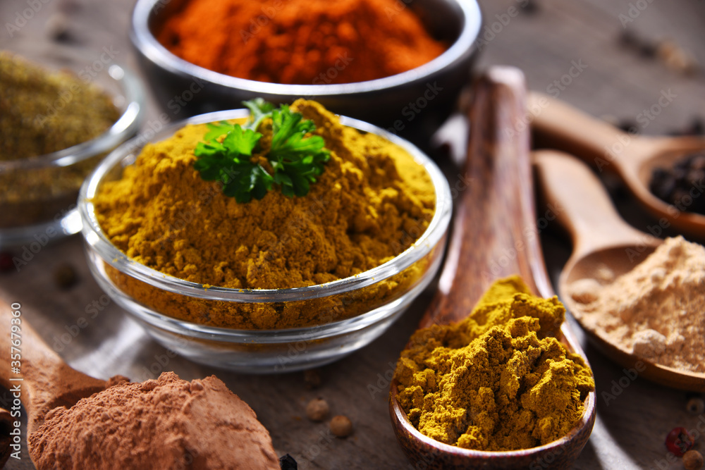 Variety of spices on kitchen table