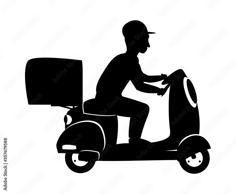 The guy in the baseball cap is delivering the package. Delivery service worker riding a scooter. Silhouette vector character with motorcycle isolated on a white background.