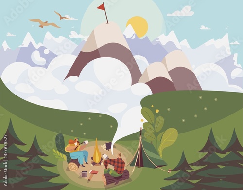 People camping outdoor, man and woman planning route to mountain top, vector illustration. Cartoon characters travel in nature, active lifestyle recreation. Summer trip with tent, adventure vacation