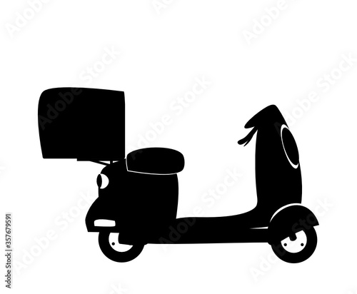 Flat vector illustration of scooter silhouette isolated on white background.
Scooter from the delivery service with a box for parcels.