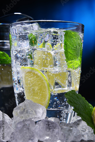Glass of mineral water with ice, lime and mint