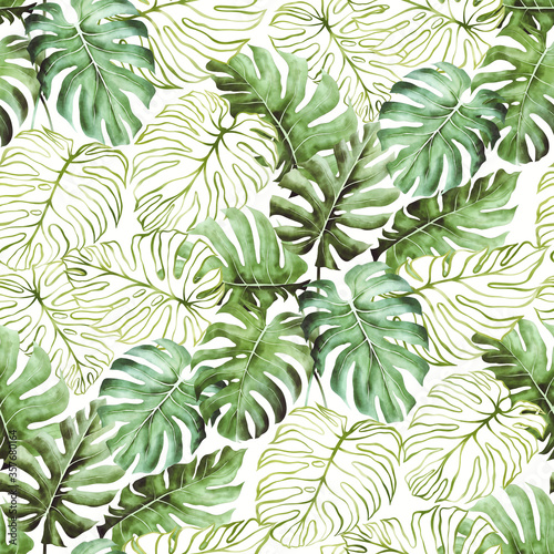 Fototapeta Naklejka Na Ścianę i Meble -  Watercolor seamless pattern with palm leaves