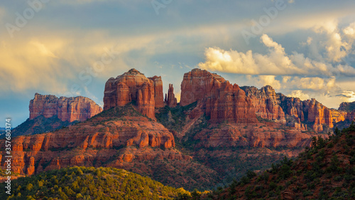 Cathedral Rock in Sedona, Arizona with a little sunlight in the clouds. 