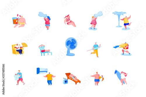 Set of Male and Female Characters Summertime Leisure and Fun. People Drinking Cocktail, Playing with Water and Suffering of Summer Heat, Surfing Recreation, Beach Relax. Cartoon Vector Illustration