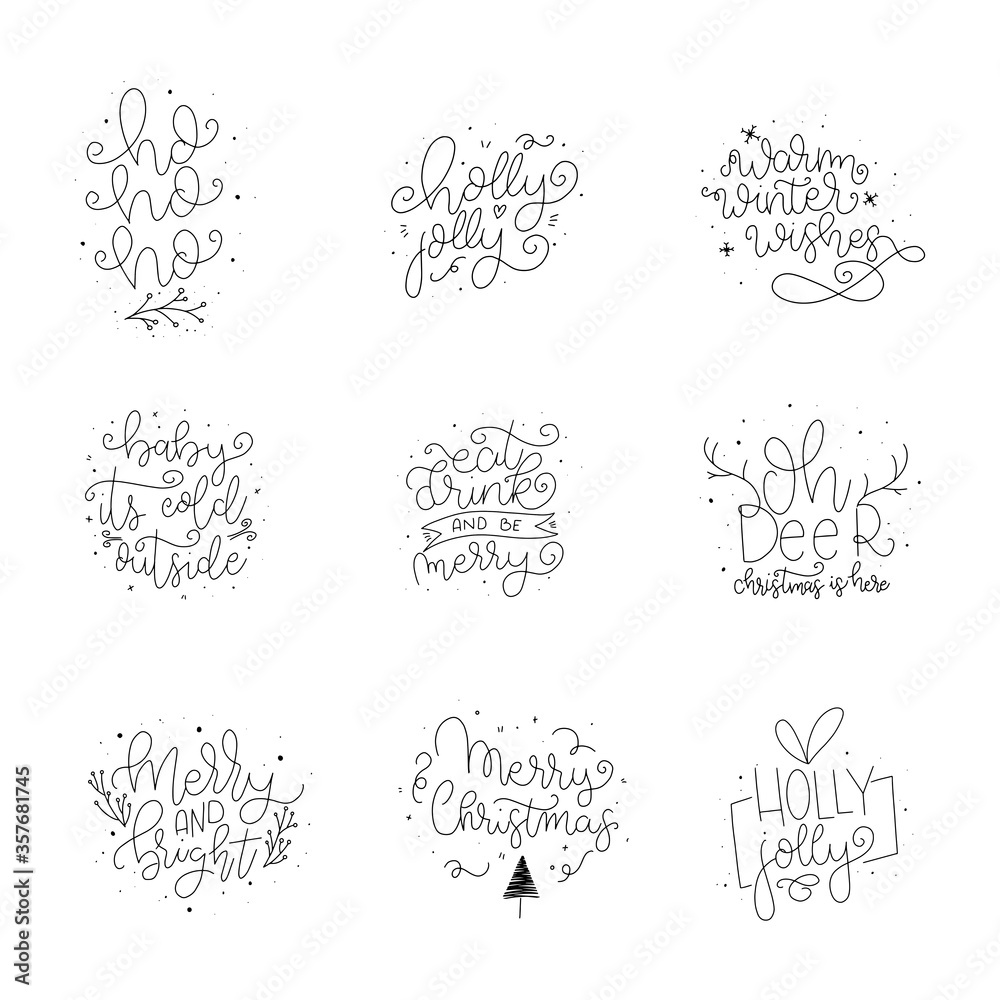Merry Christmas. Happy New Year. Set of Hand drawn modern brush lettering cards. Brush lettering typography for holiday greeting gift card.