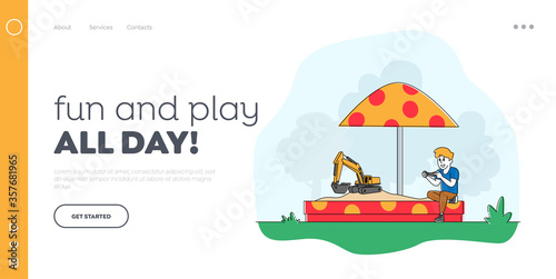 Little Child Playing in Sandbox Landing Page Template. Boy Playing with Toy Excavator on Remote Control. Outdoors Activity, Game, Recreation and Amusement in Yard. Linear Character Vector Illustration