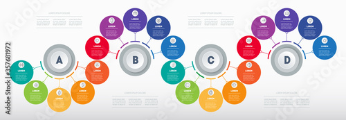 Infographic in the form of wave consisting of 4 segments and 16 parts. Business presentation. Brochure design template with icons. Diagram of technology or education process with sixteen steps.