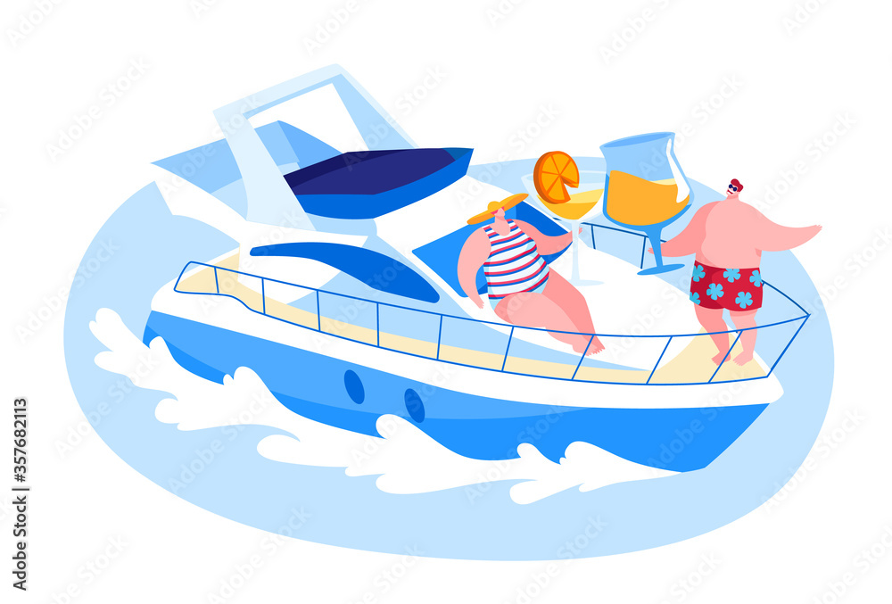 Happy Male and Female Characters Resting on Ship Deck at Sea, Drinking Champagne, Tanning. Loving Couple Relaxing on Luxury Yacht at Ocean on Summertime Vacation. Cartoon People Vector Illustration Happy Male and Female Characters Resting on Ship Deck at Sea, Drinking Champagne, Tanning. Loving Couple Relaxing on Luxury Yacht at Ocean on Summertime Vacation. Cartoon People Vector Illustration