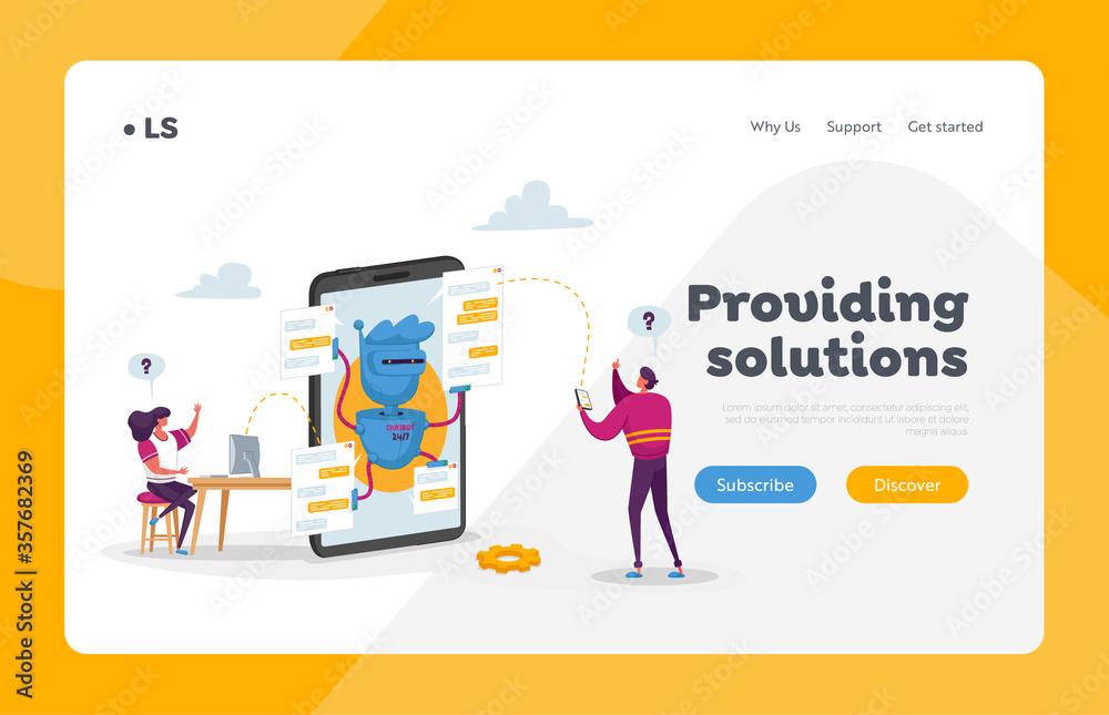 People Use Chat Bot Service Landing Page Template. Characters Use Gadgets for Chatbot Communication. Ai Robot Help Faq Support Online Consultation, Artificial Intelligence. Cartoon Vector Illustration
