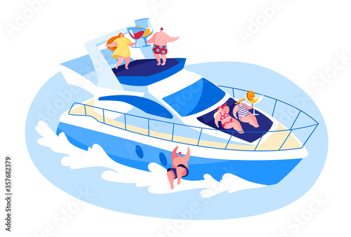 Young People Relaxing on Luxury Yacht at Ocean. Summertime Vacation, Happy Male and Female Characters Resting on Ship Jumping to Sea, Drinking Champagne, Take Sun Bathing. Cartoon Vector Illustration