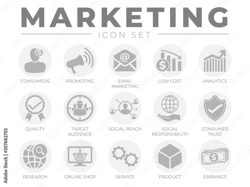 Round Marketing Icon Set. Consumers, Promotion, Email Marketing, Low Cost, Analytics, Quality, Target Audience, Social, Trust, Research, Online Shop, Service, Product, Webshop and Earning Icons