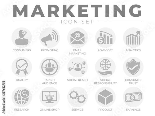 Round Marketing Icon Set. Consumers, Promotion, Email Marketing, Low Cost, Analytics, Quality, Target Audience, Social, Trust, Research, Online Shop, Service, Product, Webshop and Earning Icons