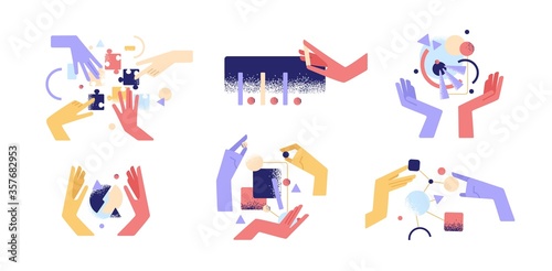 Set of colorful cartoon human hands use different abstract things vector flat illustration. Arms holding figure during teamwork, research, assembly and analytics isolated. Concept of manual activity photo