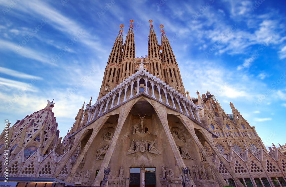 Barcelona, Spain - June 15, 2019: Cathedral of La Sagrada Familia. Designed by architect Antonio Gaudi and has been under construction since 1882.