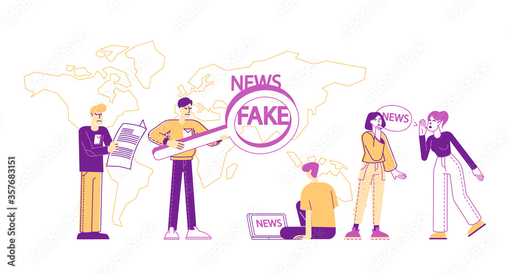 Fake News and Gossips, False Info Fabrication Concept. Tiny People Reading Newspapers, Social Media Information in Internet on World Map Background, Characters Search Info. Linear Vector Illustration