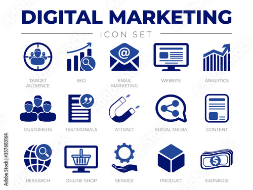Blue Digital Marketing Icon Set. Target Audience, SEO, Email Marketing, Website, Analytics, Customers, Testimonials, Attract, Social Media, Content, Icons.