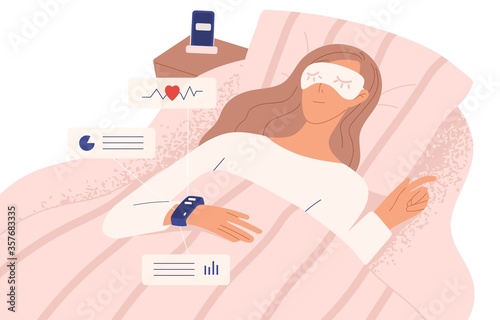 Woman in night mask lying on bed in sleeping tracker vector flat illustration. Relaxed female in modern device control quality and quantity of sleep isolated on white. Electronic smart watch app