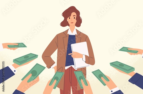 Woman popular specialist with money at human hands vector flat illustration. ...