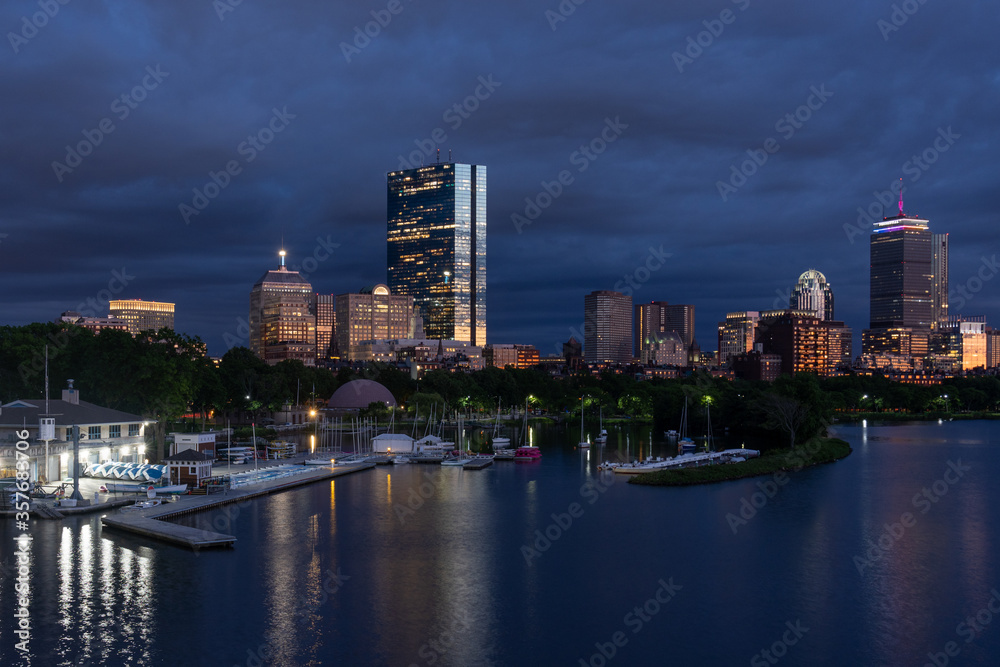 The night time Boston skyline 