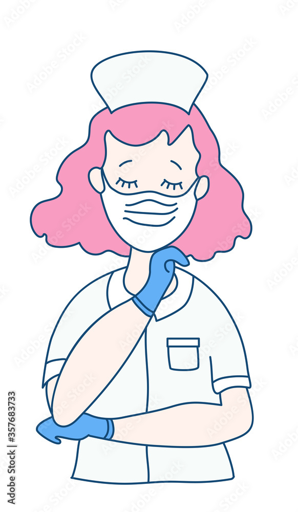 Nurse in medical white workwear, mask and blue gloves with closed eyes. A medical officer saves people from the virus. Vector drawing of a flat man Nurse in medical white workwear, mask and blue gloves with closed eyes. A medical officer saves people from the virus. Vector drawing of a flat man
