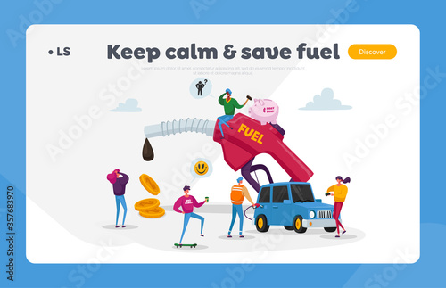 Petrol Economy, Car Refueling on Fuel Station Landing Page Template. Tiny Characters around Huge Pumping Gasoline Hose. Oil Filling Service, Automotive Industry. Cartoon People Vector Illustration