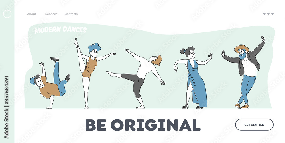 Characters in Stylized Costumes Dance Modern Dances Landing Page Template. Group of People at Disco Party or Training Class. Happy Men or Women Clubbing, Performing. Linear People Vector Illustration