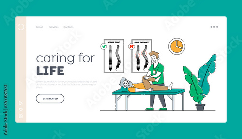 Physical Therapy Service in Nursing Home Landing Page Template. Old Man Lying on Couch and Nurse Check Up Knees. Disable Senior Character Apply Healthcare Procedure. Linear People Vector Illustration