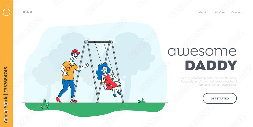 Father Swinging Child on Swing in Park or Playground Landing Page Template. Happy Family Fun, Dad and Daughter Characters Walk in Yard, Spend Time Outdoors at Summer. Linear People Vector Illustration