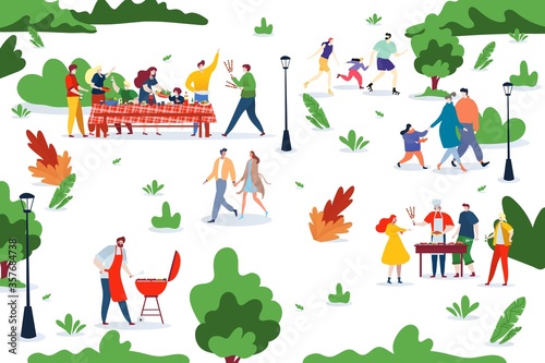 People bbq picnic at nature together, vector illustration. Character man woman eat food at park, cook meat, couple walk and rollerblading family. Group at large table have fun at weekend.