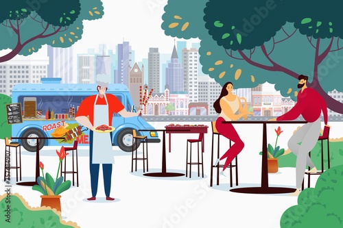 People at bbq truck cafe, vector illustration. Couple character at high table wait for order, cook with kebabs and fried meat. Street food service at city center, cartoon dinner outdoor.