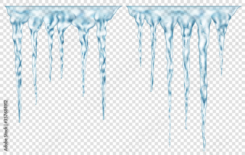 Group of translucent light blue realistic icicles of different lengths connected at the top. For use on light background. Transparency only in vector format
