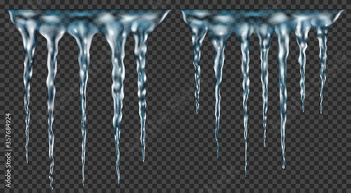 Group of translucent light blue realistic icicles of different lengths connected at the top. For use on dark background. Transparency only in vector format