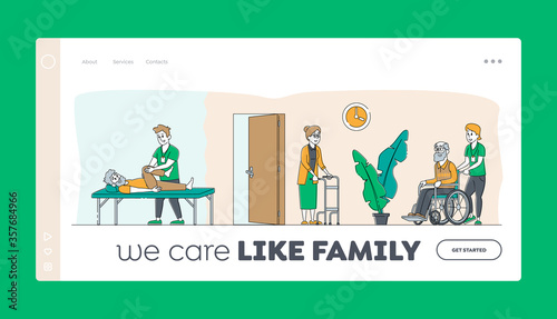 Help Old Disabled People in Nursing Home Landing Page Template. Social Worker Care of Senior Characters on Wheelchair, Skilled Nurse Healthcare, Physical Therapy Service. Linear Vector Illustration
