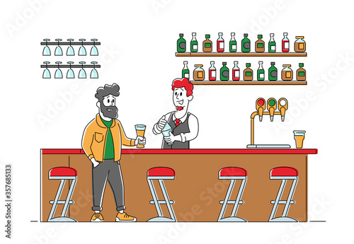 Young Man Sitting in Pub Ordering Alcohol Drink. Barista Holding Glass Beer Bottle. Nightlife Sparetime, Leisure, Relaxing Male Character in Night Bar on Weekend. Linear People Vector Illustration