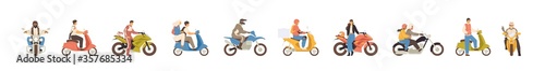 Set of different motorcycle and scooter riders vector flat illustration. Collection of various man, woman and couple drivers in helmets isolated on white background. People on motor transportation photo