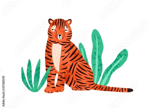 Cute colorful wild tiger vector flat illustration. Amusing predator animal si...