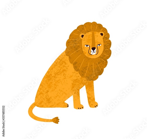 Colorful cute hand drawn lion with big mane vector flat illustration. Funny wild exotic carnivorous animal sitting isolated on white background. Cartoon feline predator with tail