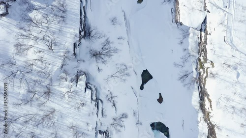 Flying over a rocky gorge in Abisko National Park. Swedish Lapland.