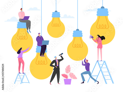 Business idea meeting concept, vector illustration. Company team people choose succesful idea, creative teamwork. Man woman character consider each others ideas, project lightbulbs.