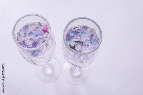 glass of water with flowers lilac in a glass