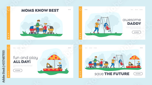 Kids and Parents Characters on Outdoor Playground Landing Page Template Set. Children Ride on Swing, Playing in Sandbox. Active Games on Street, Leisure Holidays. Linear People Vector Illustration