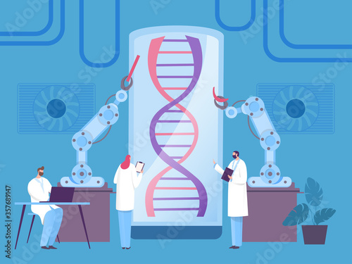 Dna research robot concept, modern biological experiment, vector illustration. Man and woman, scientist examine organism part with robot. Device make manipulation with sample, people write result.