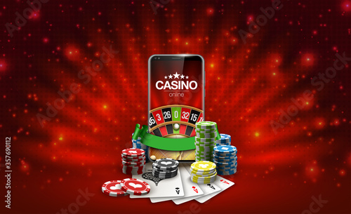 Big win illustration banner on red. Online Jackpot casino roulette in mobile phone. Chips, playing card, dice. Marketing Luxury Banner Jackpot Online Casino game roulette in Smartphone play now poster