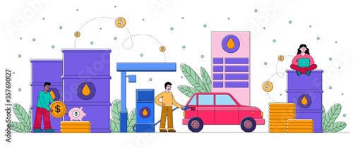 Driver filling his vehicle with petrol at the pump at a garage with barrels of oil and gold coins, colored vector illustration
