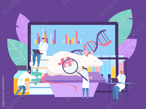 Bilogical genetic engineering research at laboratory, vector illustration. Doctor conduct experiment with mouse, study dna genes. Scientist near large animal and screen with work analysis. photo