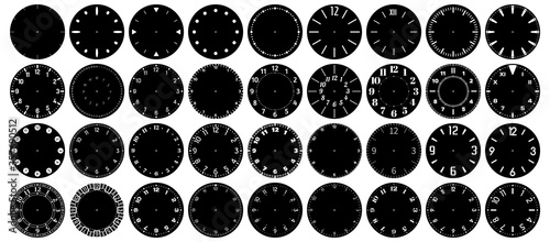 Circle clock face marks. Minutes, seconds and hours clockwise marked on clocks watchface precision scale. Modern, elegant and antique watch faces with arabic numerals vector illustration set photo