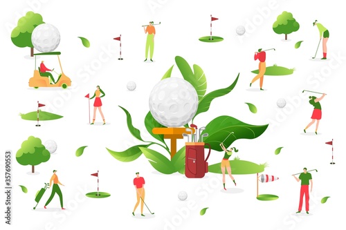 People play golf at white background, vector illustration. Man woman character, sport outdoor activity. Professional player with putter, little ball, golf cart near hole with bright flag.