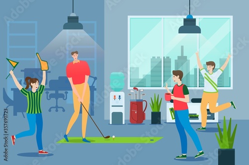 Worker people play golf at office, vector illustration. Fun active game indoor at brak time, recreation. Woman man character golf fans playing in room, grass mat with hole. Sport training.